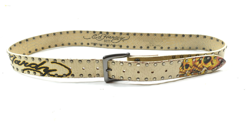 Ed Hardy Belt Mens Large Ivory Genuine Leather Skull Flames Studded Grommet Y2K